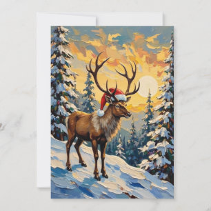 Tarjeta Festiva Reno con sombrero de Santa en bosque nevado vintag