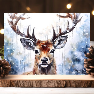 Tarjeta Festiva Reno de acuarela en la nieve