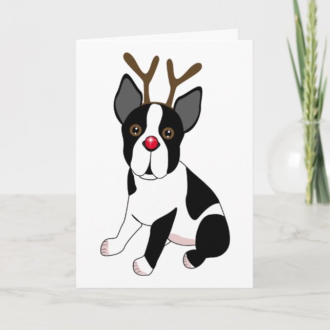 Tarjeta Festiva Reno de Boston Terrier (Anverso)