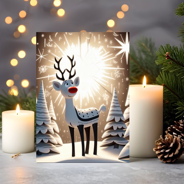Tarjeta Festiva Reno de la Nariz Roja (Christmas Card – Red-Nosed Reindeer in Snowy Forest)