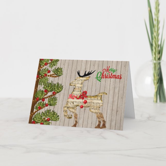 Tarjeta Festiva Reno de muñeca de papel y árbol de pino (Anverso)
