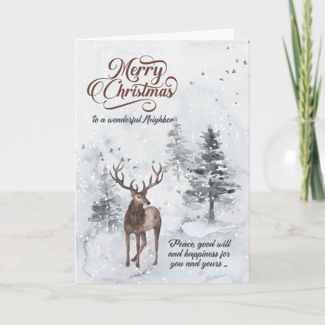 Tarjeta Festiva reno de un vecino en Navidades de un bosque nevado (Anverso)