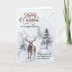 Tarjeta Festiva reno de un vecino en Navidades de un bosque nevado