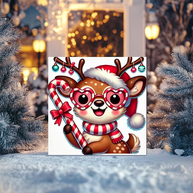 Tarjeta Festiva Reno encantador con adornos y bastón de caramelo (Subido por el creador)