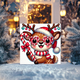 Tarjeta Festiva Reno encantador con ornamentos y caña de canto