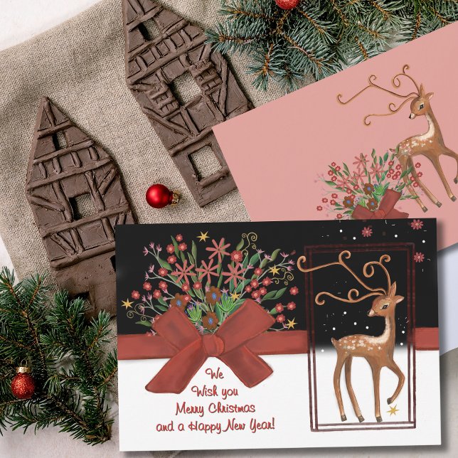 Tarjeta Festiva Reno lindo rojo doblado blanco rosado de vuelta (Cute Reindeer Red Bow White Pink Back Holiday Card)