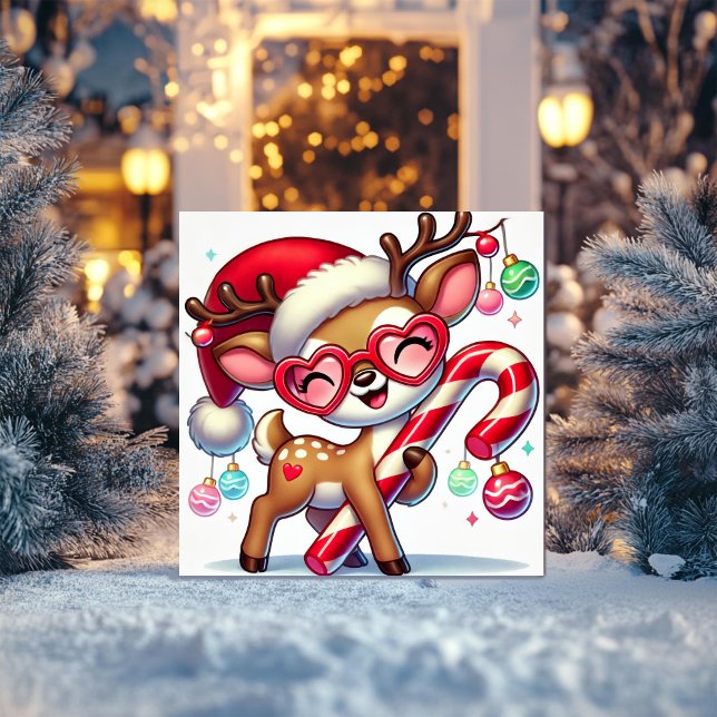 Tarjeta Festiva Reno sonriente con ornamentos y caña de canto (Subido por el creador)