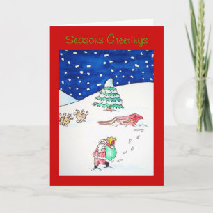 Tarjeta Festiva reno y santa entregando regalos para navidades