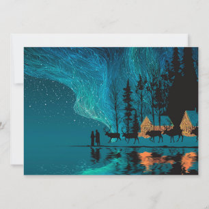 Tarjeta Festiva Renos, cabaña, Aurora boreal junto a un lago inver