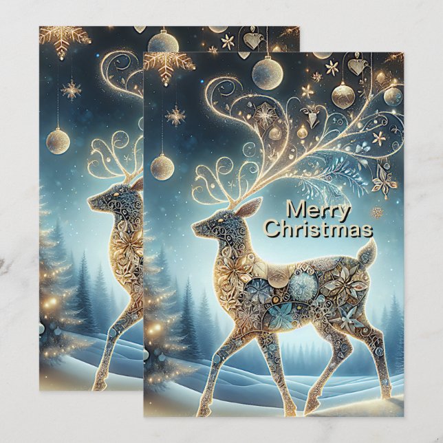 Tarjeta Festiva Renos dorados Ornamentos navideños cielo azul (Anverso / Reverso)