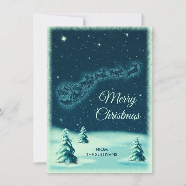 Tarjeta Festiva Renos lanzando esquisto de Santa en el cielo noctu (Anverso)