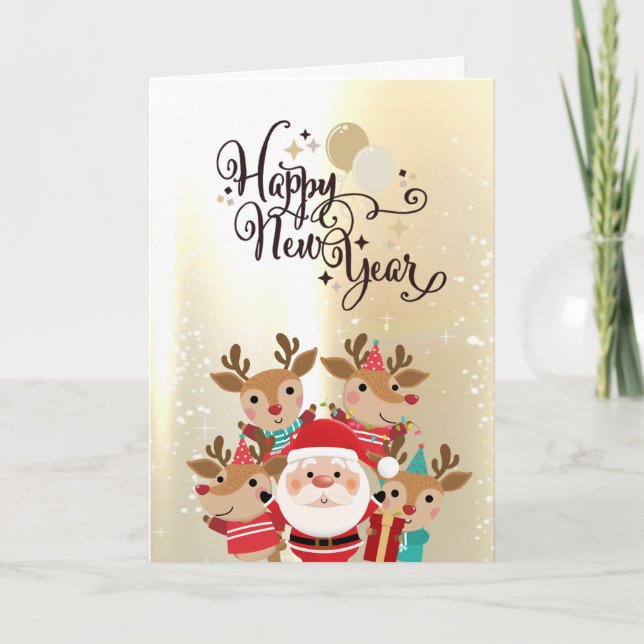 Tarjeta Festiva Renos ricos, vacaciones de oro de Santa Claus (Anverso)