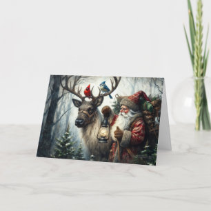 Tarjeta Festiva Renovales de Santa del Viejo Mundo Reno Aves Nevad