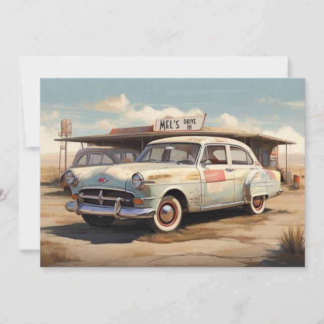 Tarjeta Festiva Restaurante Drive In de Automóviles Antiguos Aband (Anverso)