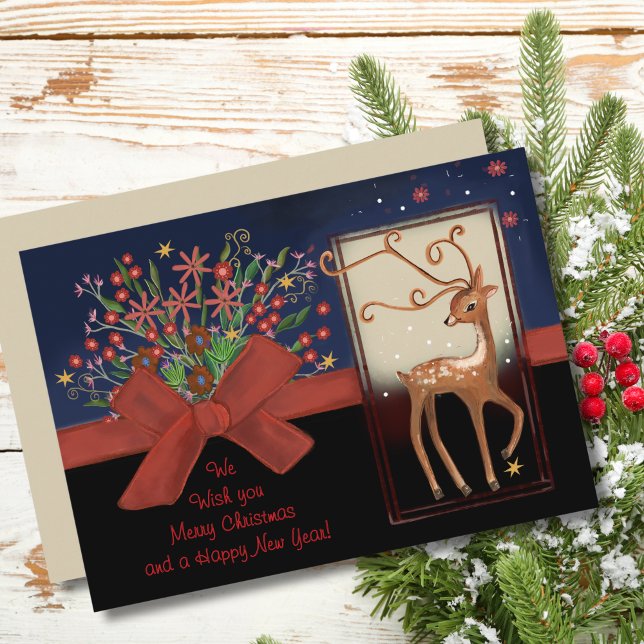 Tarjeta Festiva Resto de renos rojos azul y negro (Cute Reindeer Red Bow Blue& Black Holiday Card)