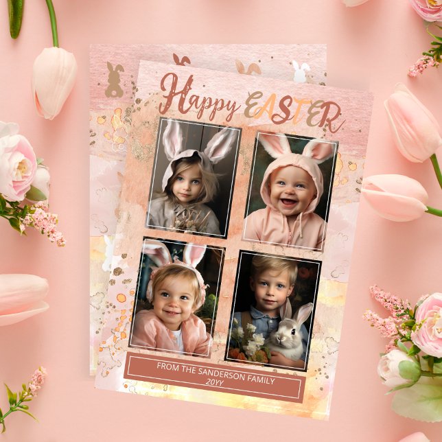 Tarjeta Festiva Resumen de la fiebre de 4 fotos Feliz Pascua (Easter Egg Dye Splatters Abstract "Happy Easter" Four-Photo Easter Flat Greeting Card)