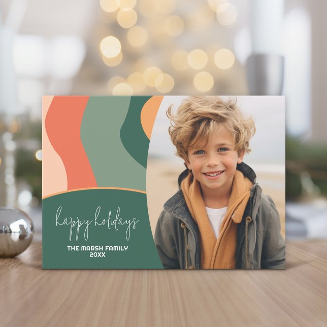 Tarjeta Festiva Resumen de línea orgánica Arte - 1 Foto Jade Tange (Holiday Photo Greeting Card - Jade and Tangerine Organic Curves)