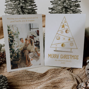Tarjeta Festiva Resumen Ornamentos de oro Foto de árbol Feliz Navi