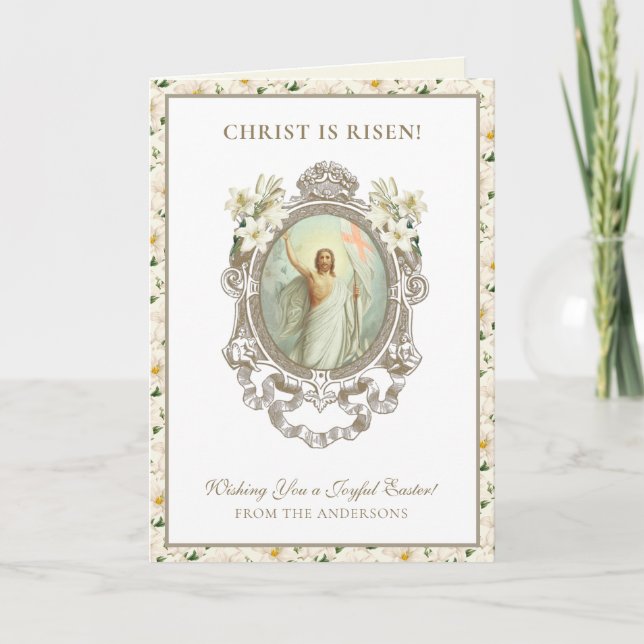 Tarjeta Festiva Resurrección de Pascua Jesús Lilies Cristianos (Anverso)