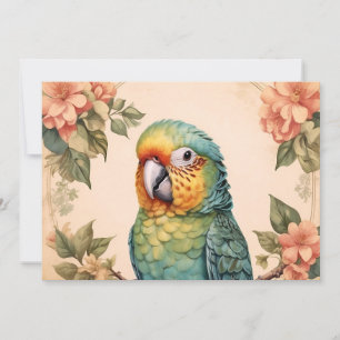 Tarjeta Festiva Retrato Antiguo de Loro Cute Mascota Flores