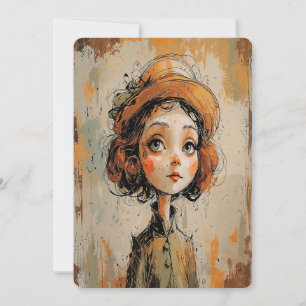 Tarjeta Festiva Retrato caprichoso de niña de ojos grandes mujer c