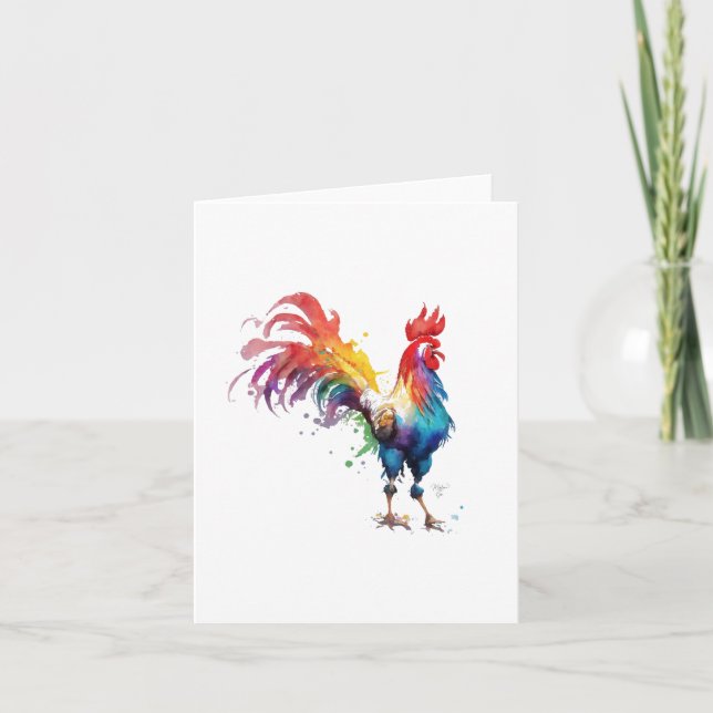 Tarjeta Festiva Retrato de ave de gallo B en acuarelas y plumas (Anverso)