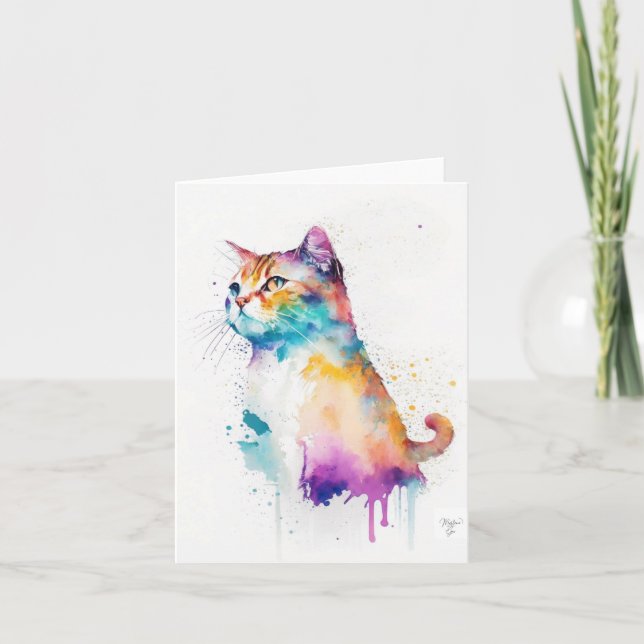 Tarjeta Festiva Retrato De Gato A De Tabby En Acuarelas Y Pluma (Anverso)