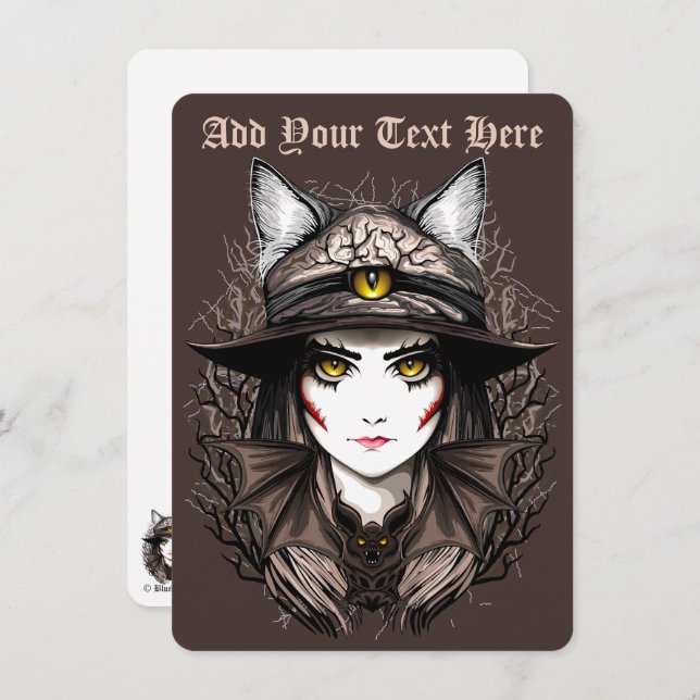 Tarjeta Festiva Retrato de gato bruja espeluznante y lindo de Hall (Anverso / Reverso)