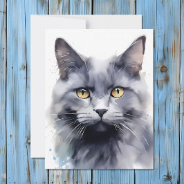 Tarjeta Festiva Retrato de gato gris acuarela