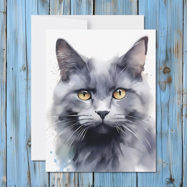 Tarjeta Festiva Retrato de gato gris acuarela (Subido por el creador)