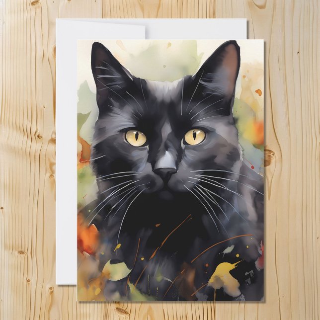 Tarjeta Festiva Retrato de gato negro acuarela en otoño (Subido por el creador)