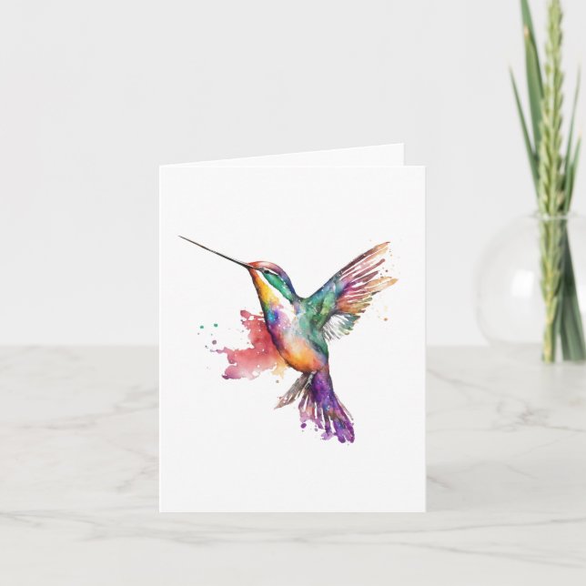 Tarjeta Festiva Retrato de Hummingbird B en acuarelas y pluma (Anverso)