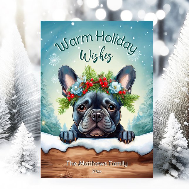 Tarjeta Festiva Retrato de Mascota de Navidades burdos de Bulldog  (Adorable Winter Snowy Scene With Peeking Dogs or Farm/Woodland Animals - Over 50 to Choose From!)