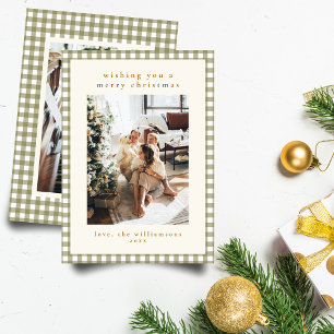 Tarjeta Festiva Retrato de Olive Gingham Plaid Dos Navidades de fo
