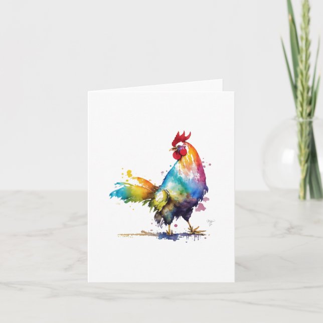 Tarjeta Festiva Retrato de pájaro de Rooster D en acuarelas y plum (Anverso)