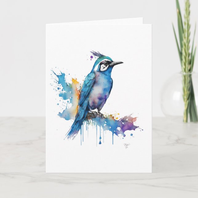 Tarjeta Festiva Retrato de pájaro Jay azul en acuarelas y pluma (Anverso)