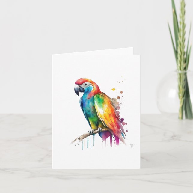 Tarjeta Festiva Retrato de pájaro loro B en acuarelas y pluma (Anverso)