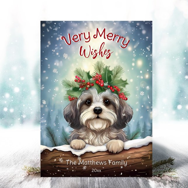 Tarjeta Festiva Retrato Mascota de Navidades de Invierno de La Hab (Adorable Winter Snowy Scene With Peeking Dogs or Farm/Woodland Animals - Over 50 to Choose From!)