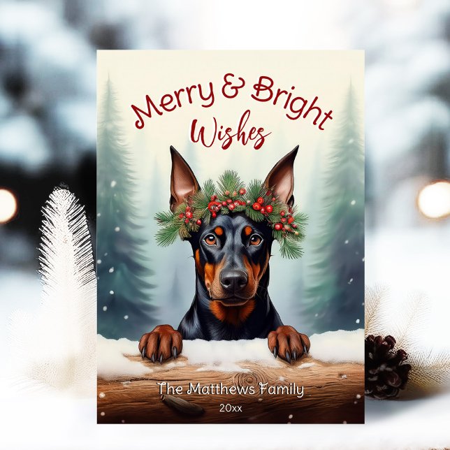Tarjeta Festiva Retrato Mascota de Navidades Rustic Doberman Pinsc (Adorable Winter Snowy Scene With Peeking Dogs or Farm/Woodland Animals - Over 50 to Choose From!)