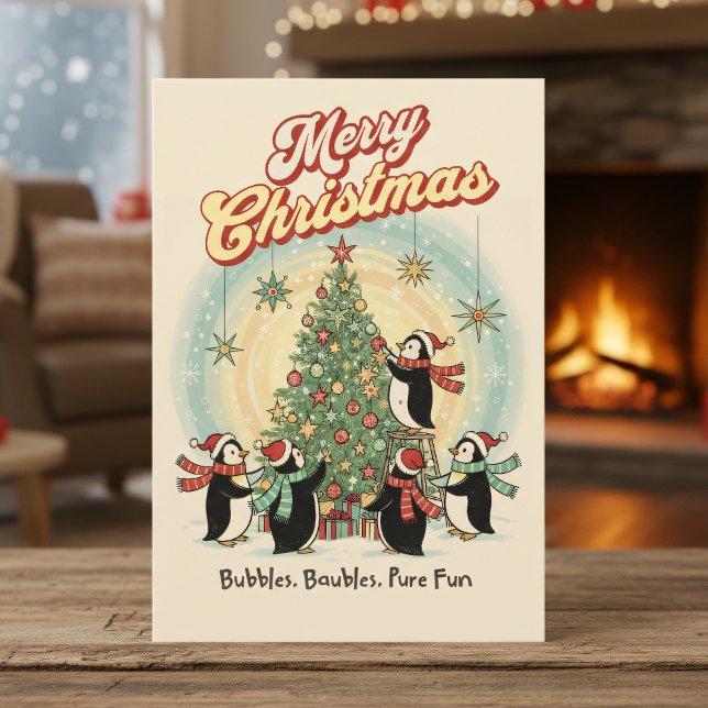 Tarjeta Festiva Retro 1950 Christmas Card with Penguins & Tree (Subido por el creador)