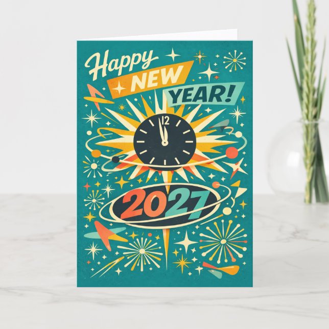 Tarjeta Festiva Retro Atomic Mid Century Happy New Year 2027 (Anverso)