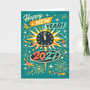Tarjeta Festiva Retro Atómico Mediados de Siglo Feliz Año Nuevo 20