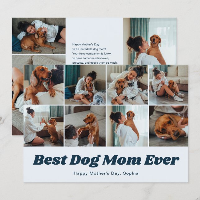 Tarjeta Festiva Retro Best Dog Mom 12 Photo Collage Blue (Anverso / Reverso)