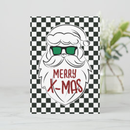 Tarjeta Festiva Retro Black White Checkered Santa Claus Christmas