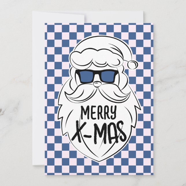 Tarjeta Festiva Retro Blue Pink Checkered Santa Claus Christmas  (Anverso)