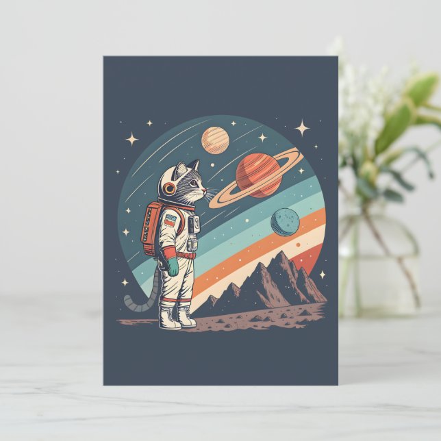 Tarjeta Festiva Retro Cat Astronaut Cosmic Space Illustration (Anverso de pie)