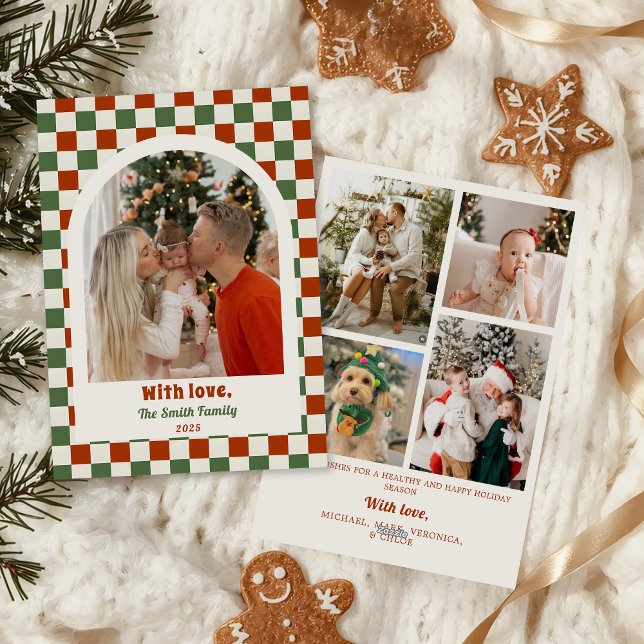 Tarjeta Festiva Retro Checkerboard Family Photo Arch Christmas (Subido por el creador)