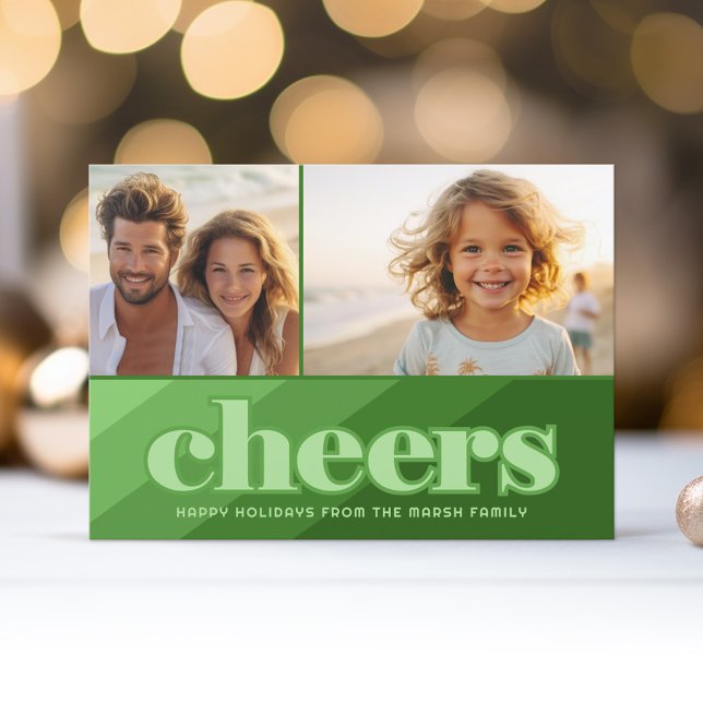 Tarjeta Festiva Retro Cheers Line Art Green - 2 Foto - Vibe de los (Retro Stripe Christmas Card with 2 Photos - Vibrant Olive Green Shades - Print and Download Option)