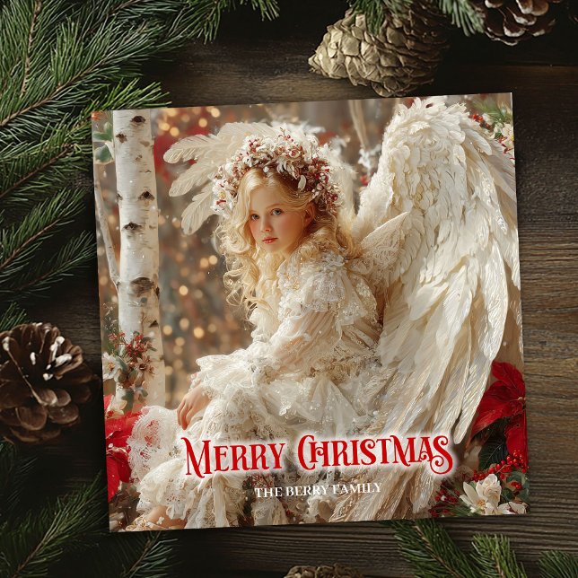 Tarjeta Festiva Retro Christmas angel printable winter greeting (Retro Christmas angel printable winter greeting)