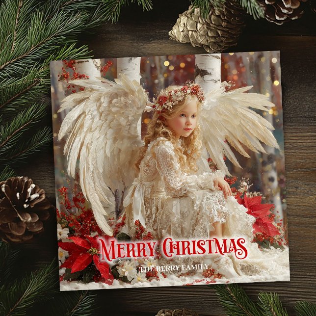 Tarjeta Festiva Retro Christmas angel red and gold artistic card (Retro Christmas angel red and gold artistic greeting card

)